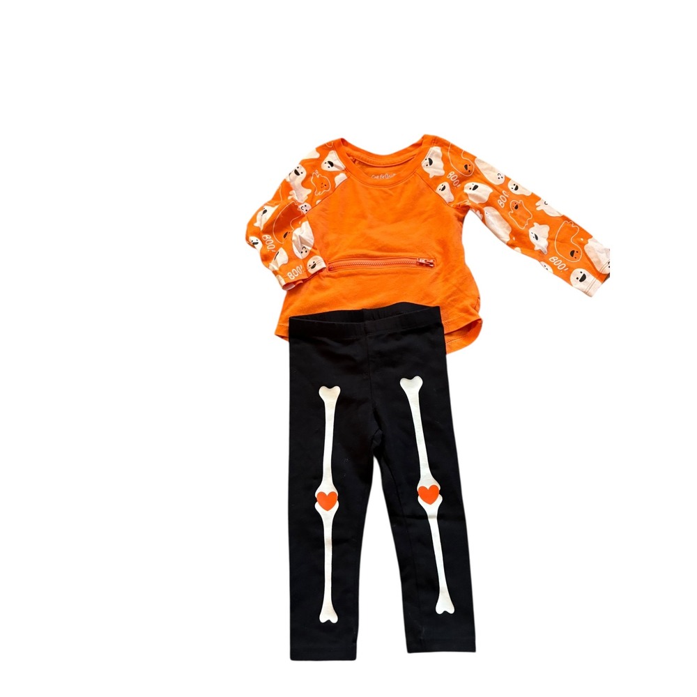 Cat & Jack‎ 18M Halloween Ghost BOO Orange Top + Skeleton Heart Leggings Set